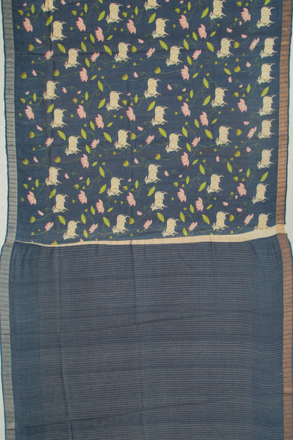 Tussar Tissue Pichwai Printed Dark Blue Saree