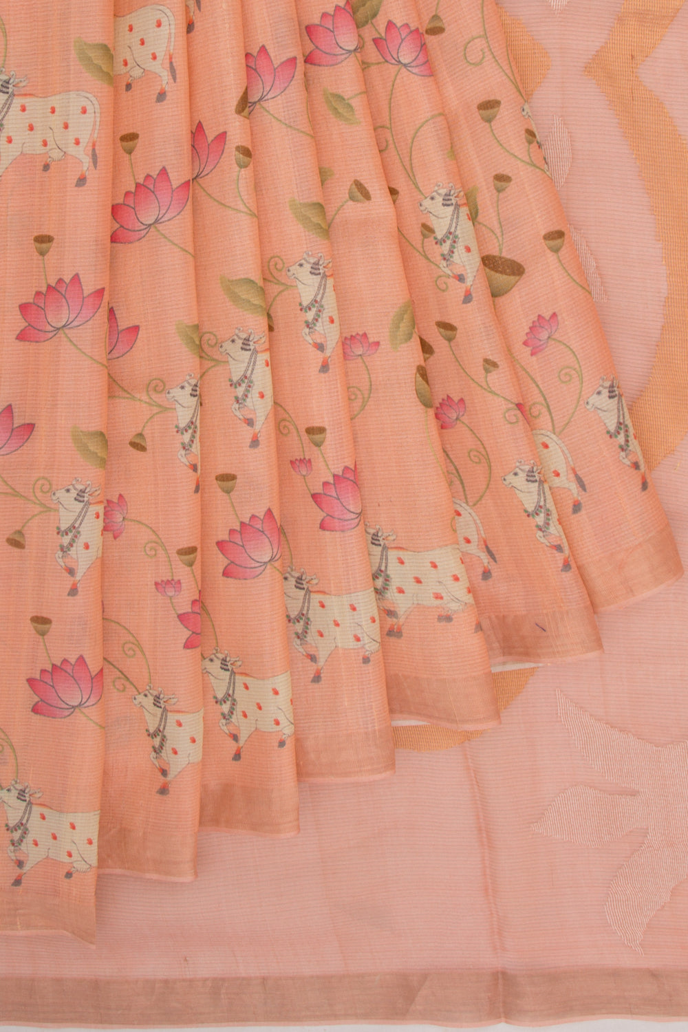 Tussar Tissue Pichwai Printed Pastel Orange Saree