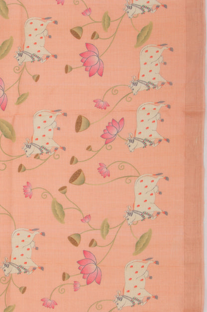 Tussar Tissue Pichwai Printed Pastel Orange Saree