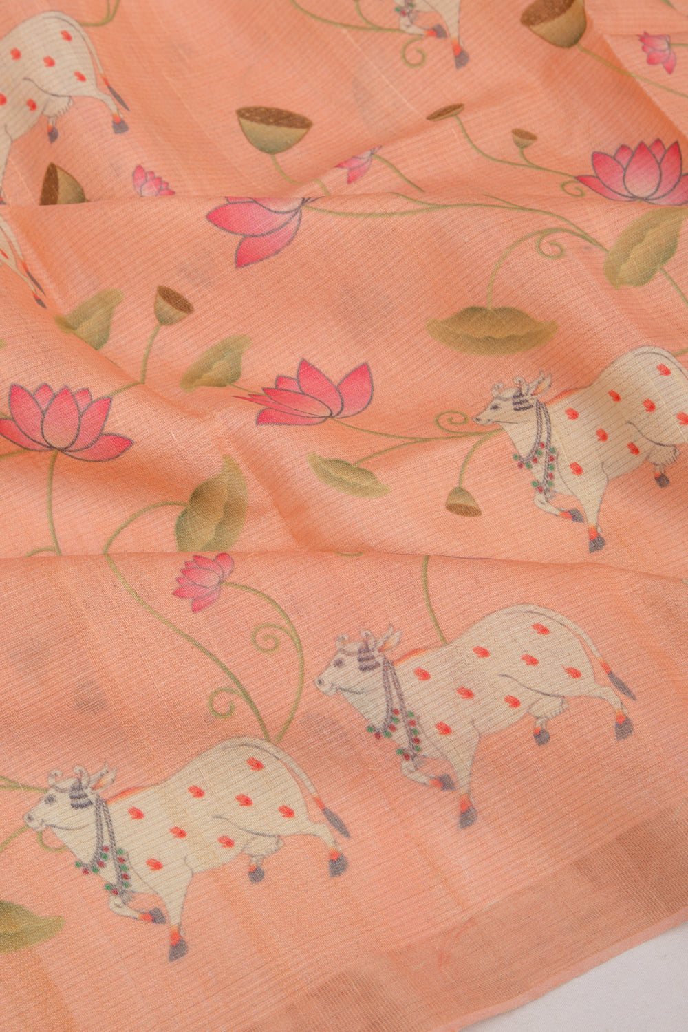 Tussar Tissue Pichwai Printed Pastel Orange Saree
