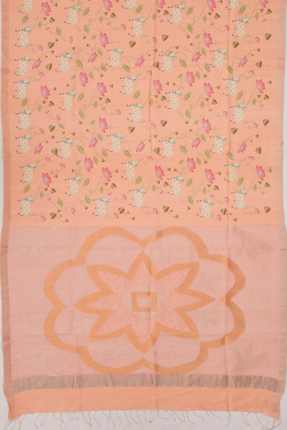 Tussar Tissue Pichwai Printed Pastel Orange Saree