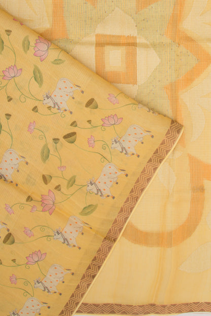 Tussar Lines And Pichwai Printed Yellow Saree