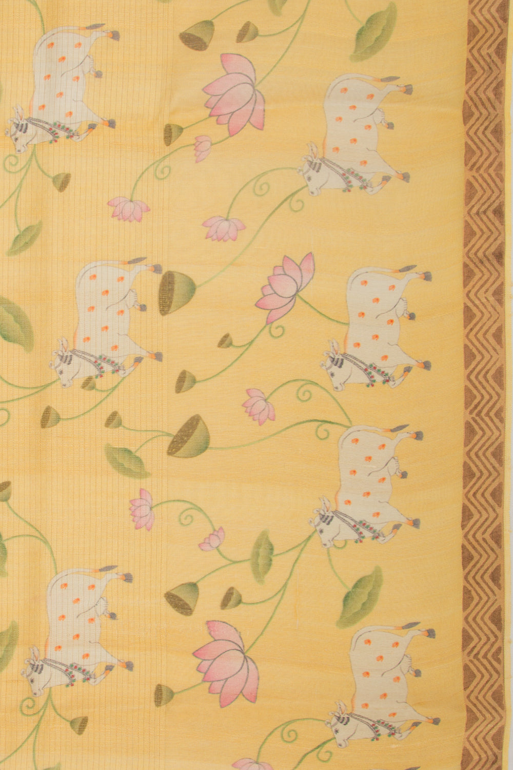 Tussar Lines And Pichwai Printed Yellow Saree