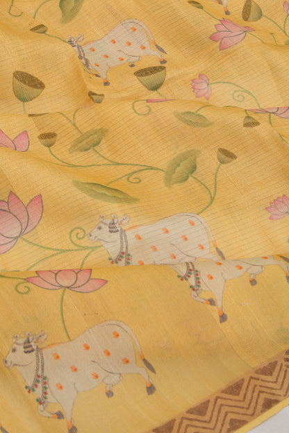 Tussar Lines And Pichwai Printed Yellow Saree