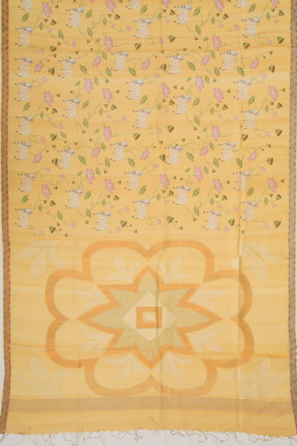 Tussar Lines And Pichwai Printed Yellow Saree