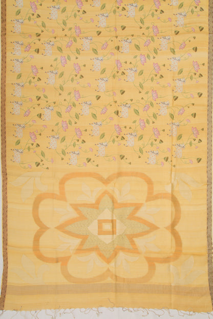 Tussar Lines And Pichwai Printed Yellow Saree