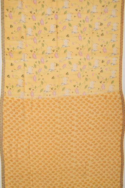 Tussar Lines And Pichwai Printed Yellow Saree