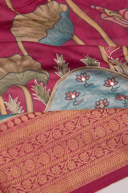 Chanderi Silk Embroidery And Pichwai Printed Purple Saree