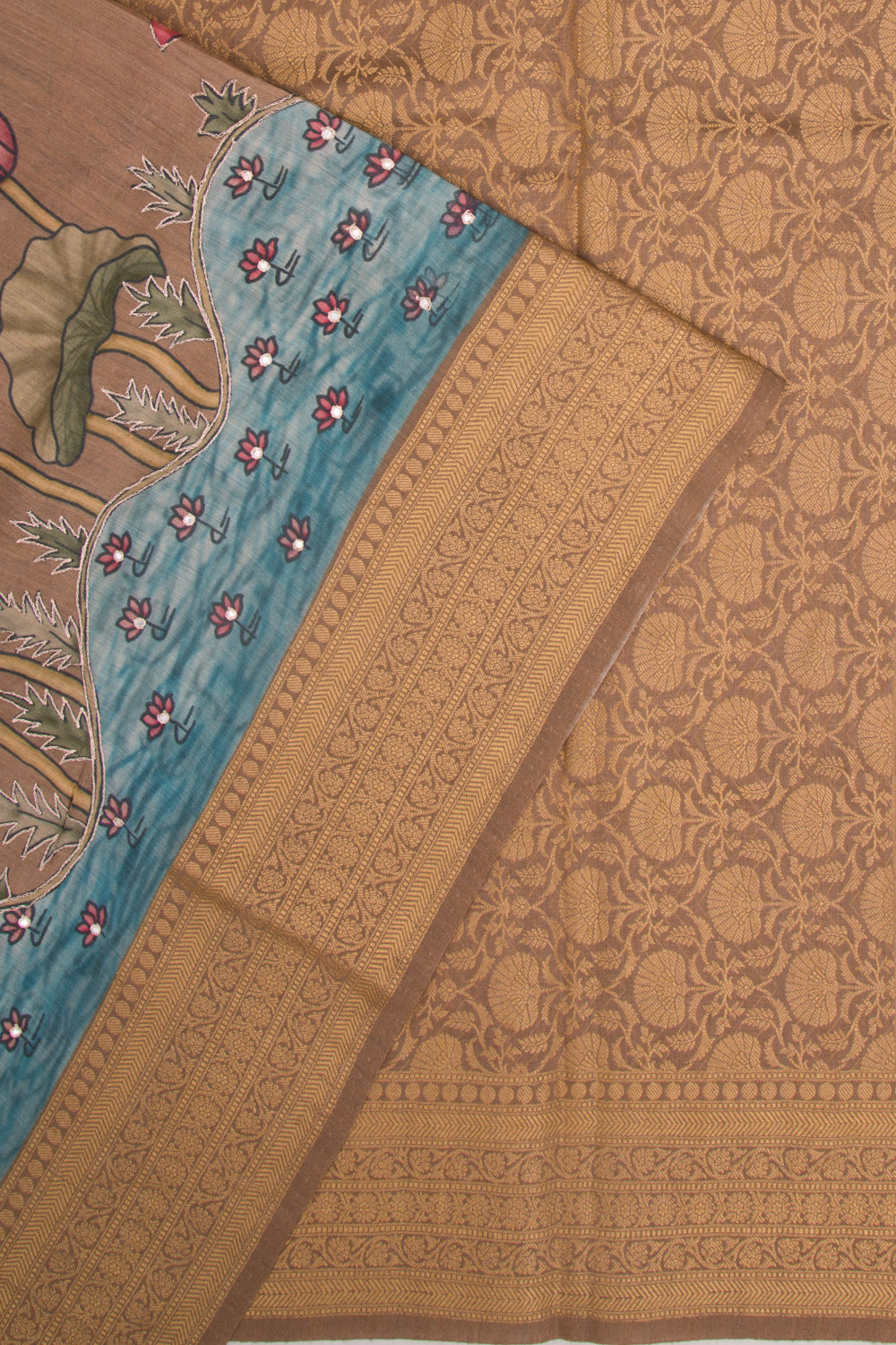 Tussar Floral Printed Brown Saree