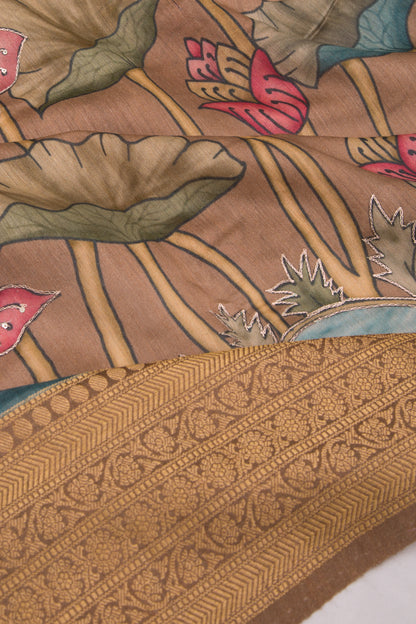 Tussar Floral Printed Brown Saree