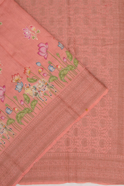 Chanderi Silk Pichwai Printed And Embroidery Pink Saree