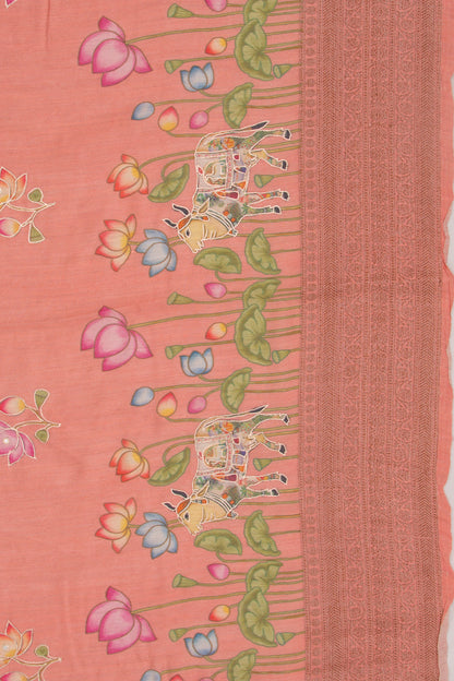 Chanderi Silk Pichwai Printed And Embroidery Pink Saree