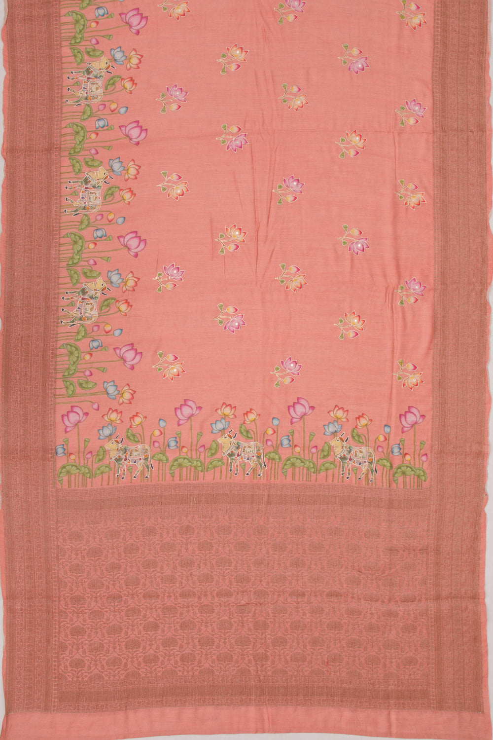Chanderi Silk Pichwai Printed And Embroidery Pink Saree