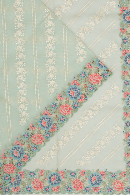 Organza Floral Embroidery Blue Saree With Cut Work And Scallop Border