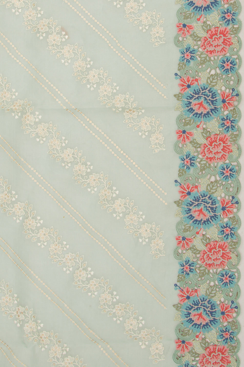 Organza Floral Embroidery Blue Saree With Cut Work And Scallop Border