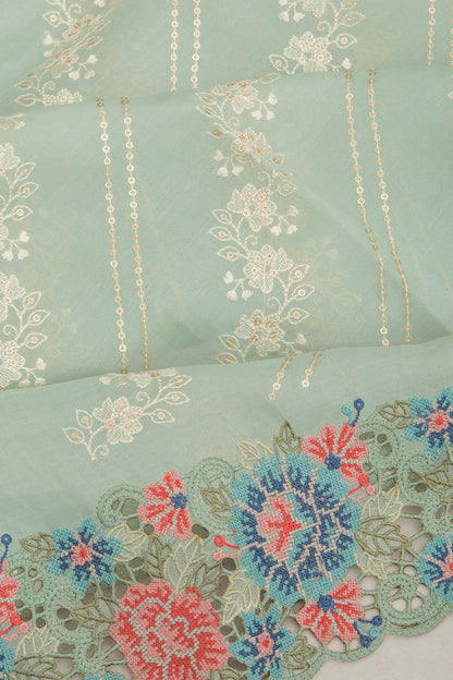 Organza Floral Embroidery Blue Saree With Cut Work And Scallop Border