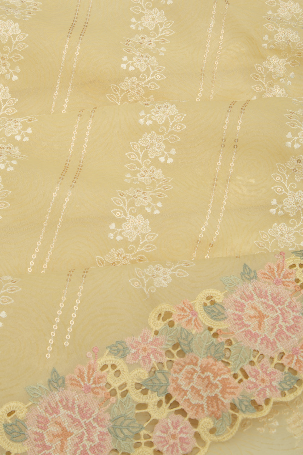 Organza Floral Embroidery Pastel Yellow Saree With Sequin Work