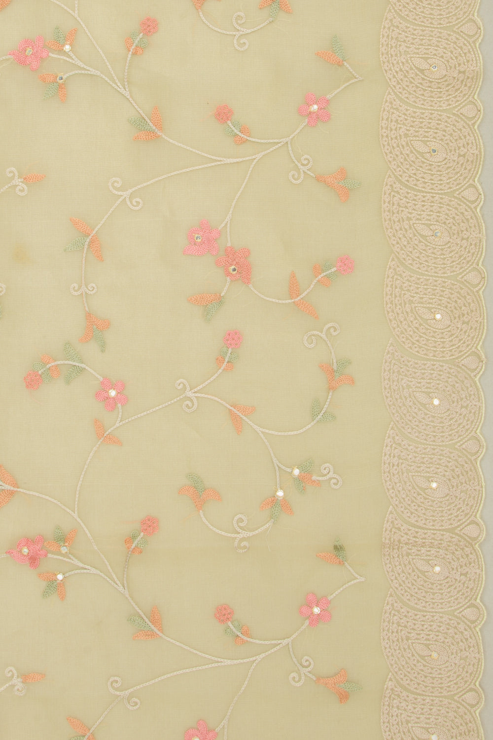 Organza Floral Embroidery Pastel Yellow Saree With Scallop Border