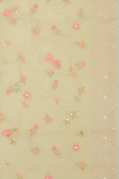 Organza Floral Embroidery Pastel Yellow Saree With Scallop Border
