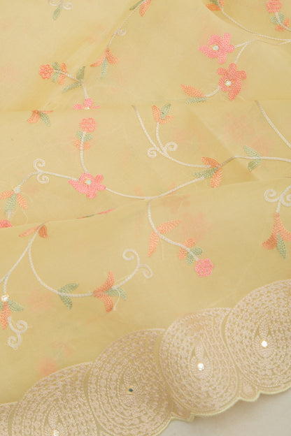 Organza Floral Embroidery Pastel Yellow Saree With Scallop Border