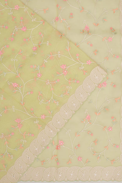 Organza Floral Embroidery Pastel Green Saree With Scallop Border