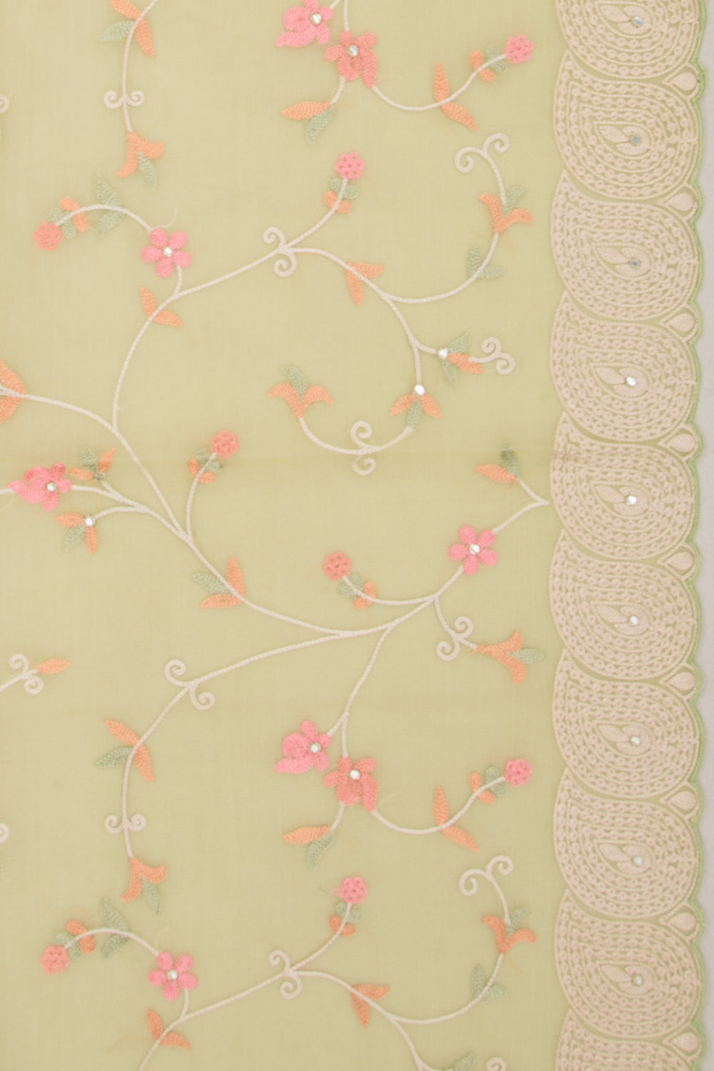 Organza Floral Embroidery Pastel Green Saree With Scallop Border
