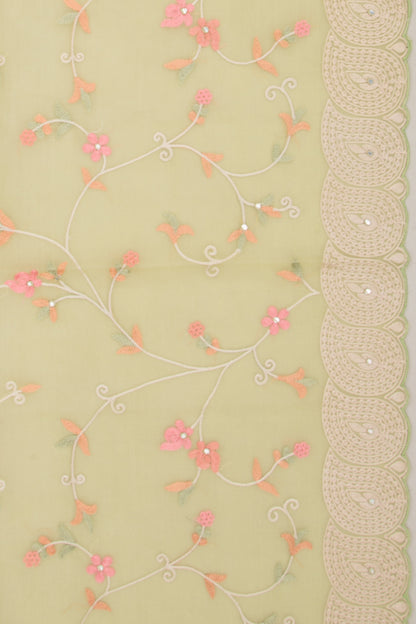 Organza Floral Embroidery Pastel Green Saree With Scallop Border