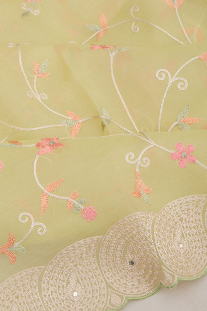 Organza Floral Embroidery Pastel Green Saree With Scallop Border