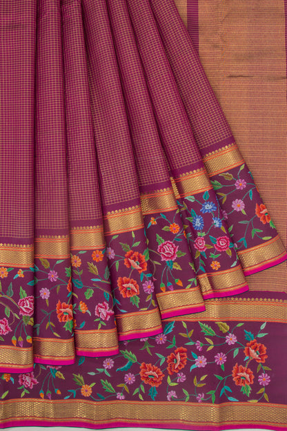 Petite Point Kanchipuram Silk Checks Purple Saree