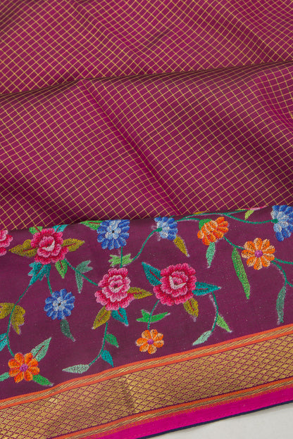 Petite Point Kanchipuram Silk Checks Purple Saree