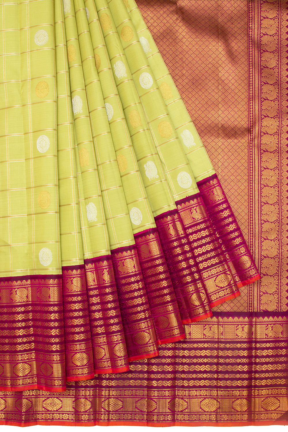 Kanchipuram Silk Checks And Butta Green Saree