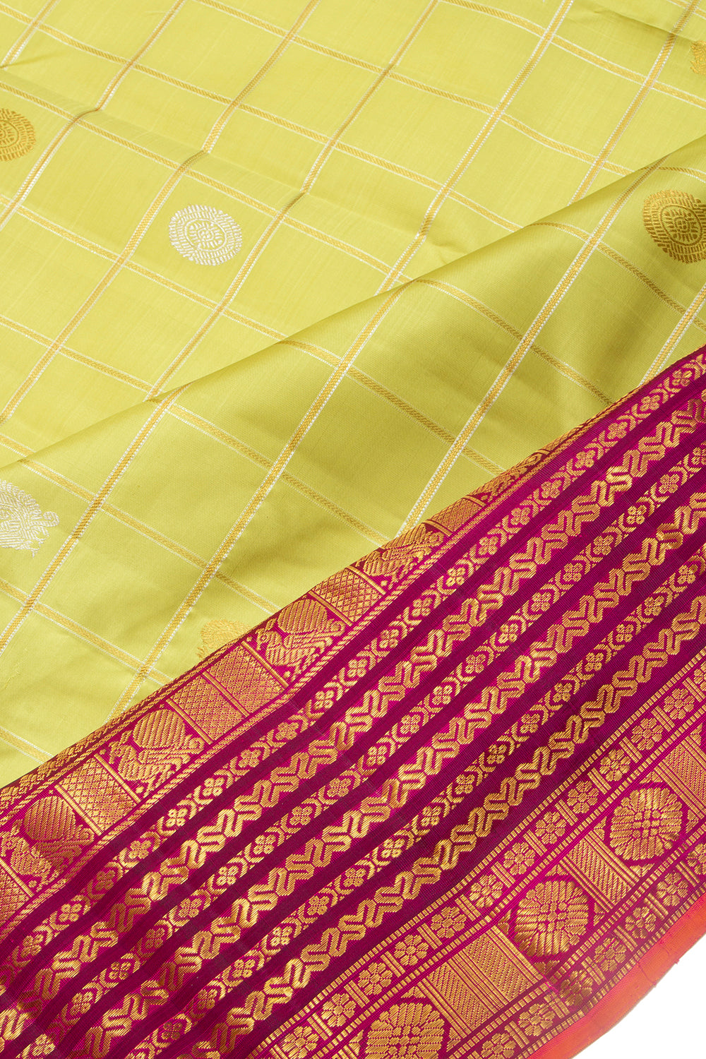 Kanchipuram Silk Checks And Butta Green Saree