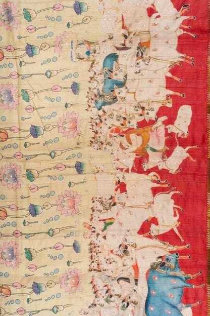 Tussar Silk Pichwai Printed Beige Saree