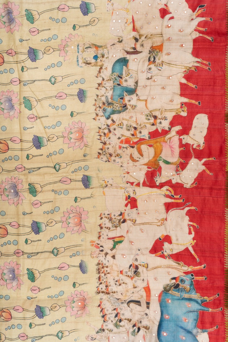 Tussar Silk Pichwai Printed Beige Saree