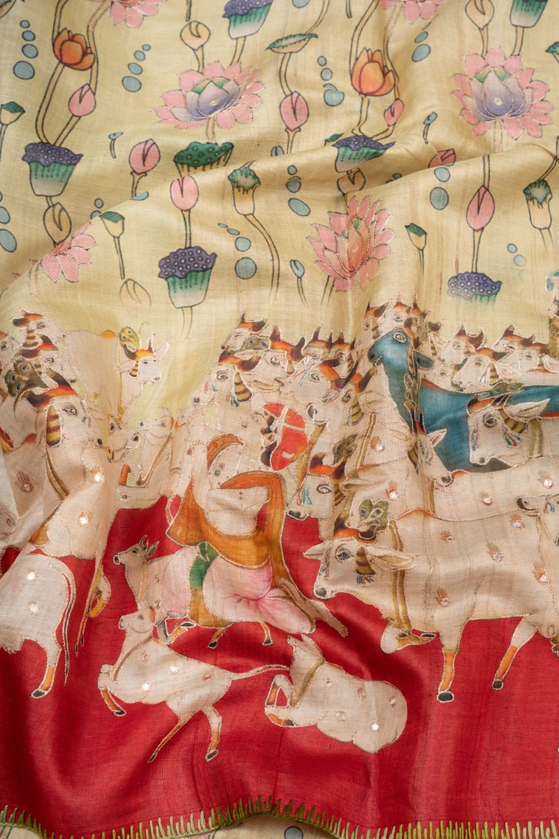 Tussar Silk Pichwai Printed Beige Saree