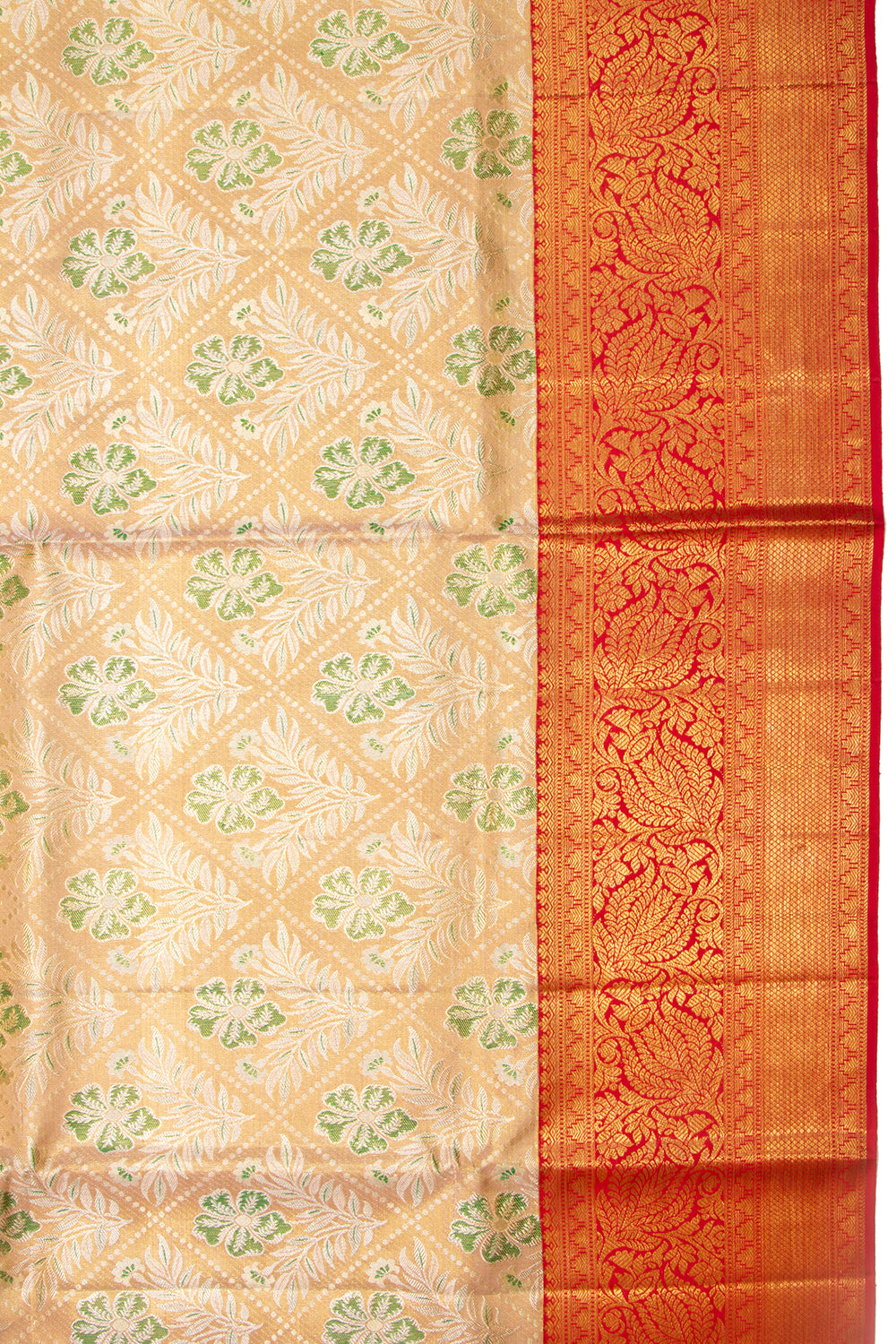 Kanchipuram Silk Tissue Criss Cross Checks And Butta Peach Saree