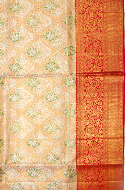 Kanchipuram Silk Tissue Criss Cross Checks And Butta Peach Saree
