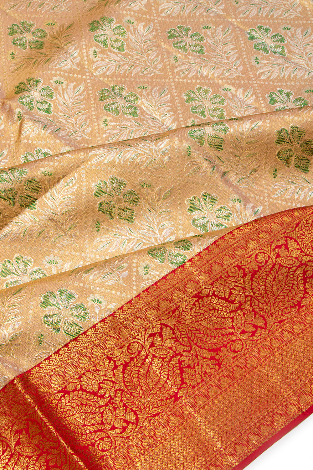 Kanchipuram Silk Tissue Criss Cross Checks And Butta Peach Saree