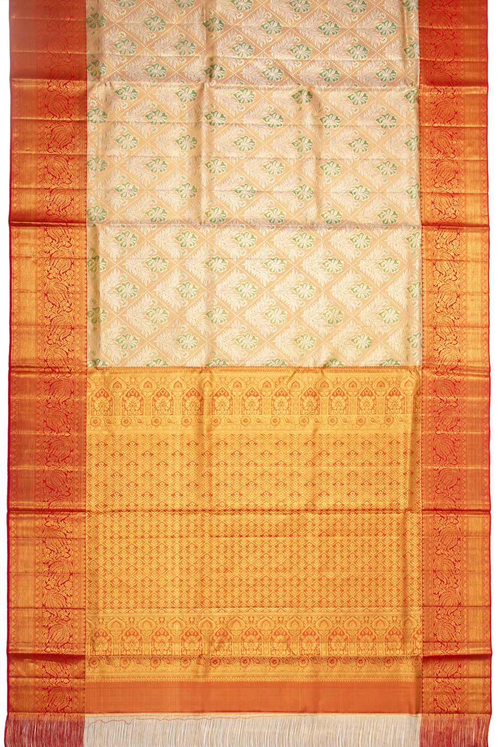 Kanchipuram Silk Tissue Criss Cross Checks And Butta Peach Saree