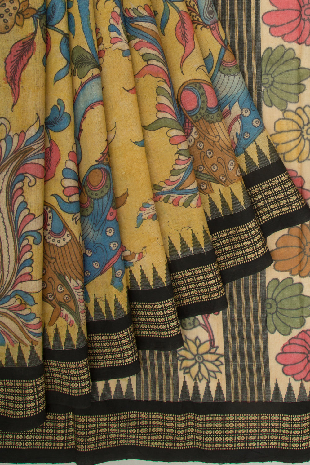 Tussar Kalamkari Handpainted Yellow Saree With Vidarbha Border