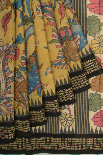 Tussar Kalamkari Handpainted Yellow Saree With Vidarbha Border