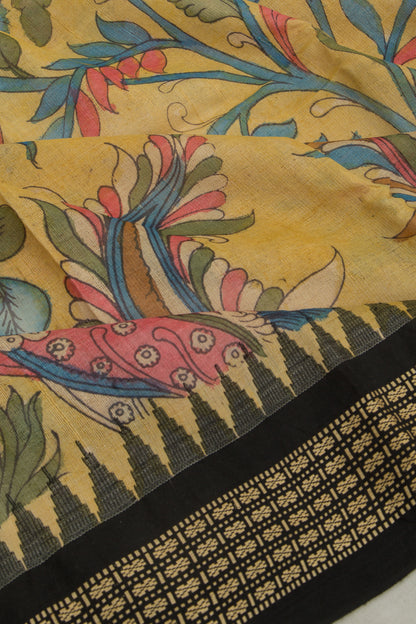 Tussar Kalamkari Handpainted Yellow Saree With Vidarbha Border