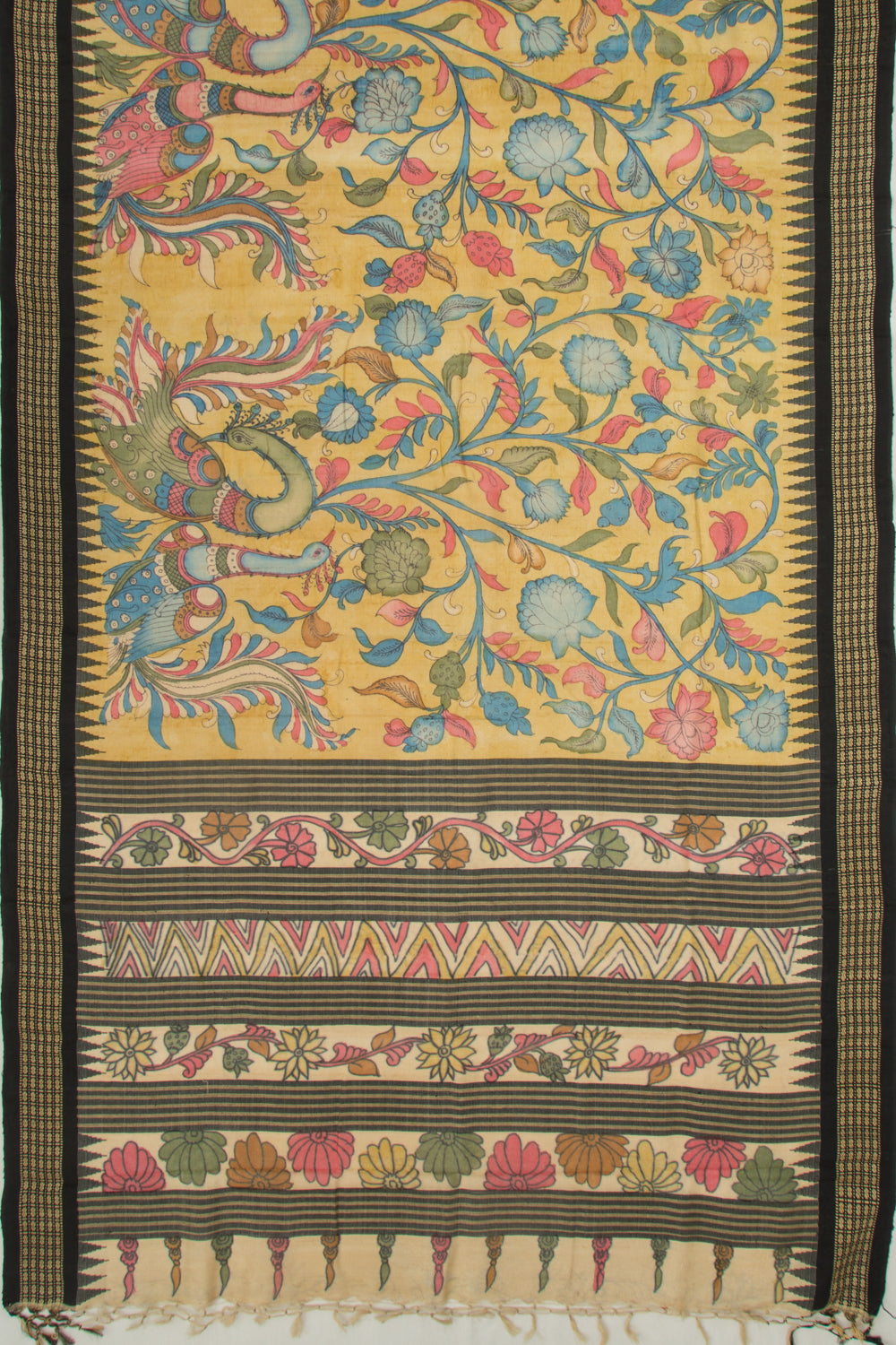 Tussar Kalamkari Handpainted Yellow Saree With Vidarbha Border