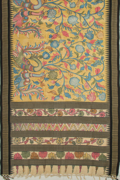 Tussar Kalamkari Handpainted Yellow Saree With Vidarbha Border