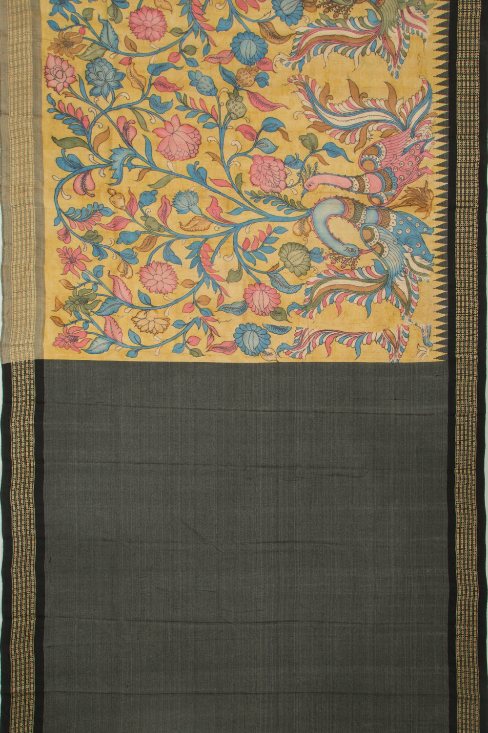 Tussar Kalamkari Handpainted Yellow Saree With Vidarbha Border