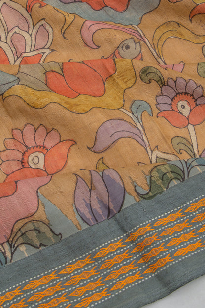 Tussar Kalamkari Handpainted Cream Saree