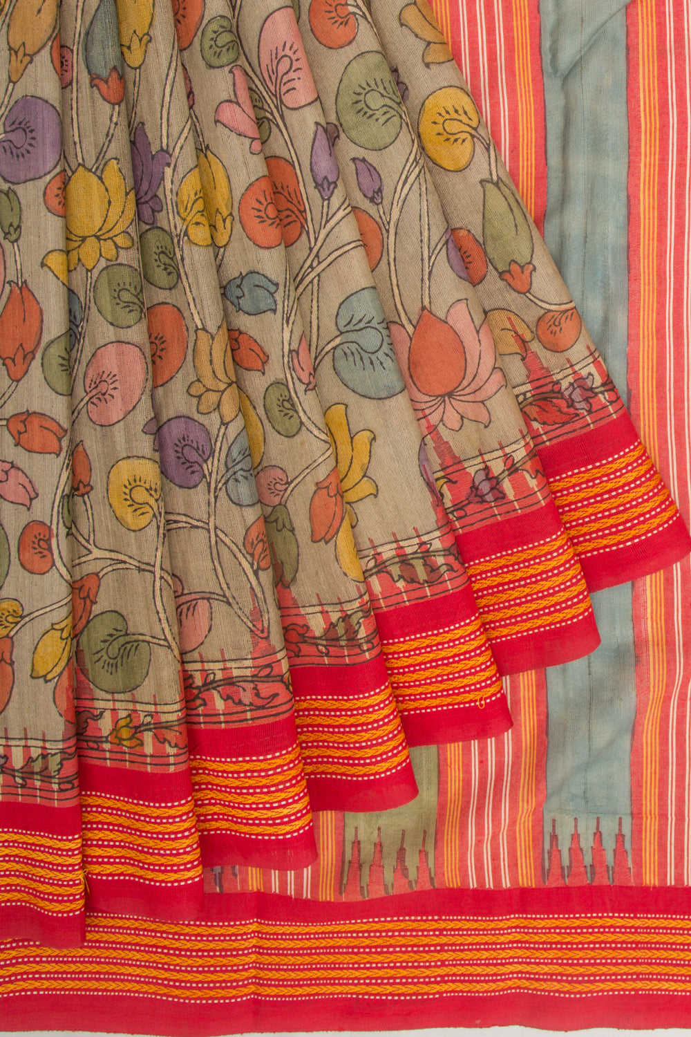 Tussar Kalamkari Handpainted Pastel Grey Saree