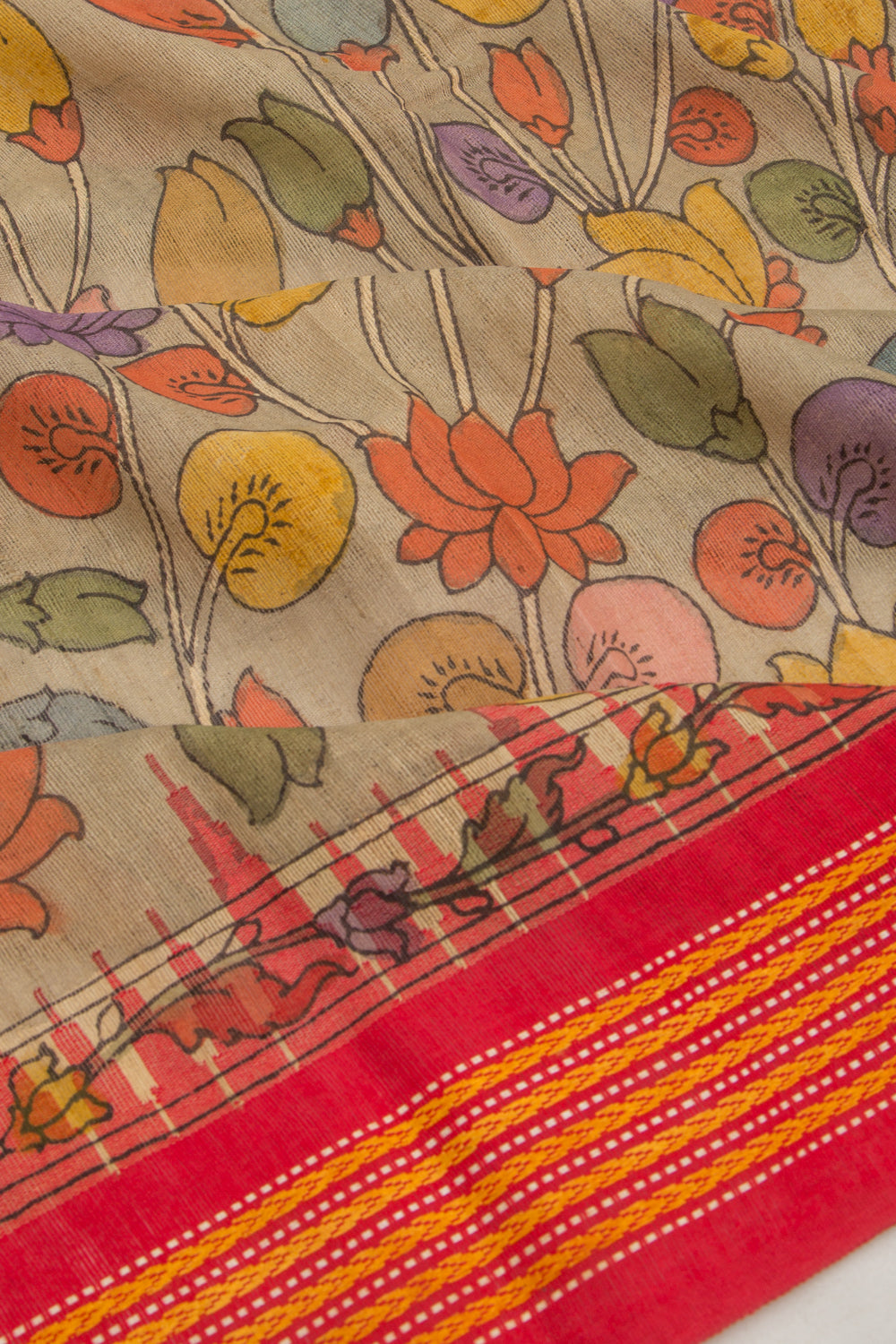 Tussar Kalamkari Handpainted Pastel Grey Saree