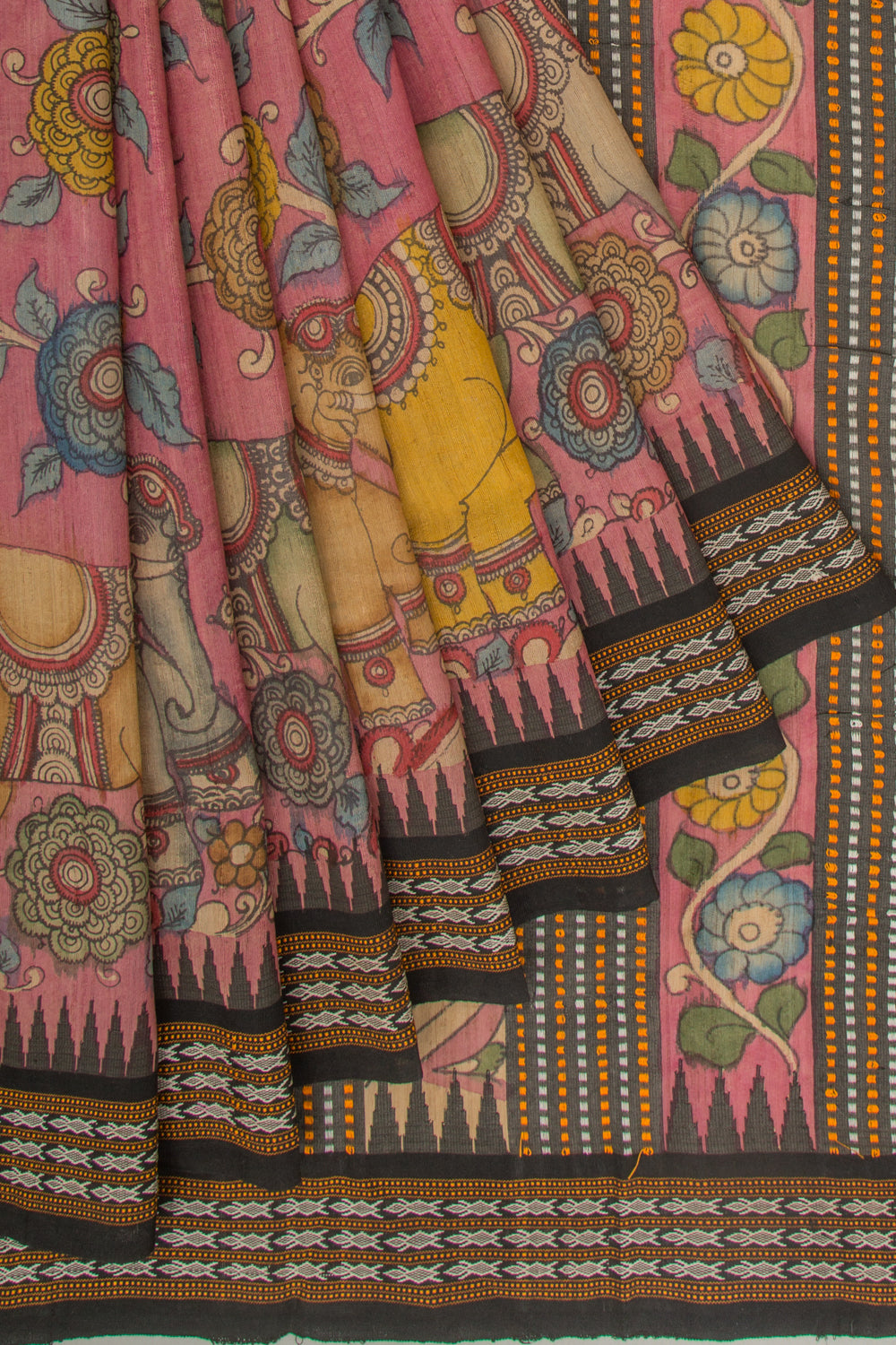 Tussar Kalamkari Handpainted Pink Saree With Vidarbha Border