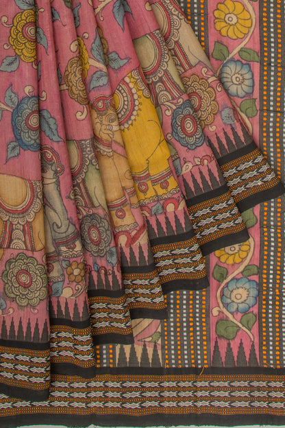 Tussar Kalamkari Handpainted Pink Saree With Vidarbha Border